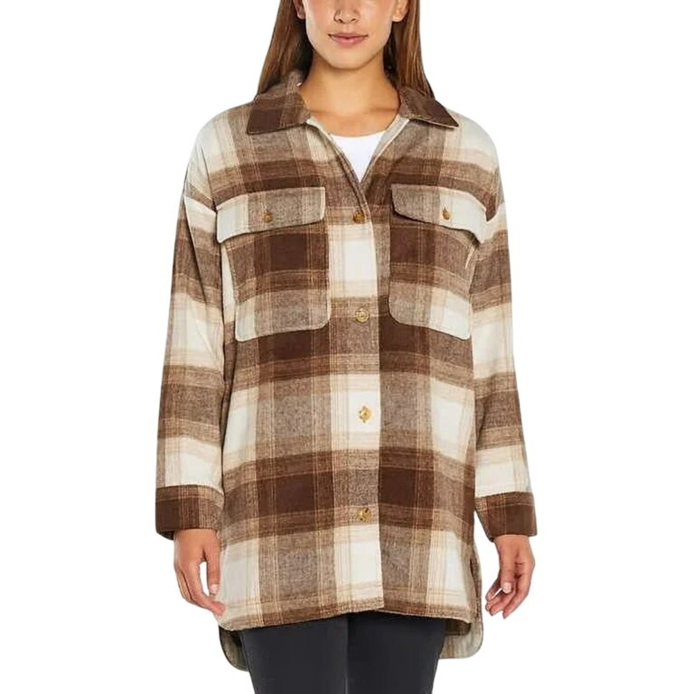 Banana Republic Womens Plaid Shacket Oversized Button Down Shirt Jacket XL Brown